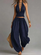 Conjunto sexy boho de dos piezas con top halter y pantalón de pierna ancha